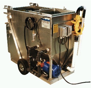 FLOTE-TECH Model A flotation machine — stainless steel tank with pump, wheels, and spray wand